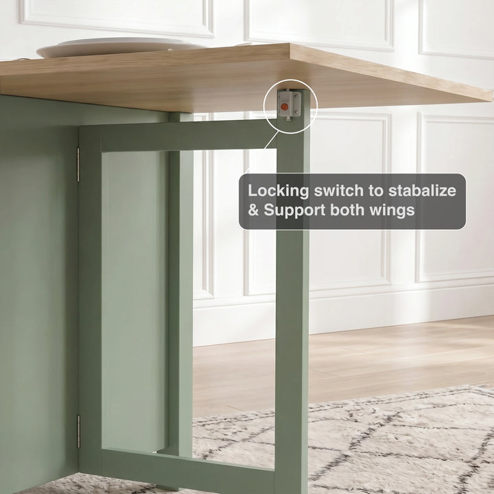 [150cm | Green] Stovra Drop Leaf Dining Table locking switch mechanism callout showing wing stabiliser hardware close up