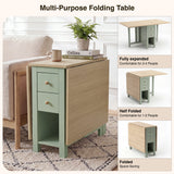[150cm | Green] Stovra Drop Leaf Dining Table infographic showing fully expanded, half folded, and folded configurations
