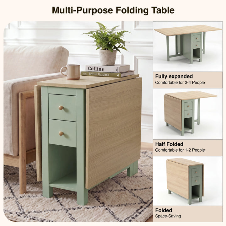 [150cm | Green] Stovra Drop Leaf Dining Table infographic showing fully expanded, half folded, and folded configurations
