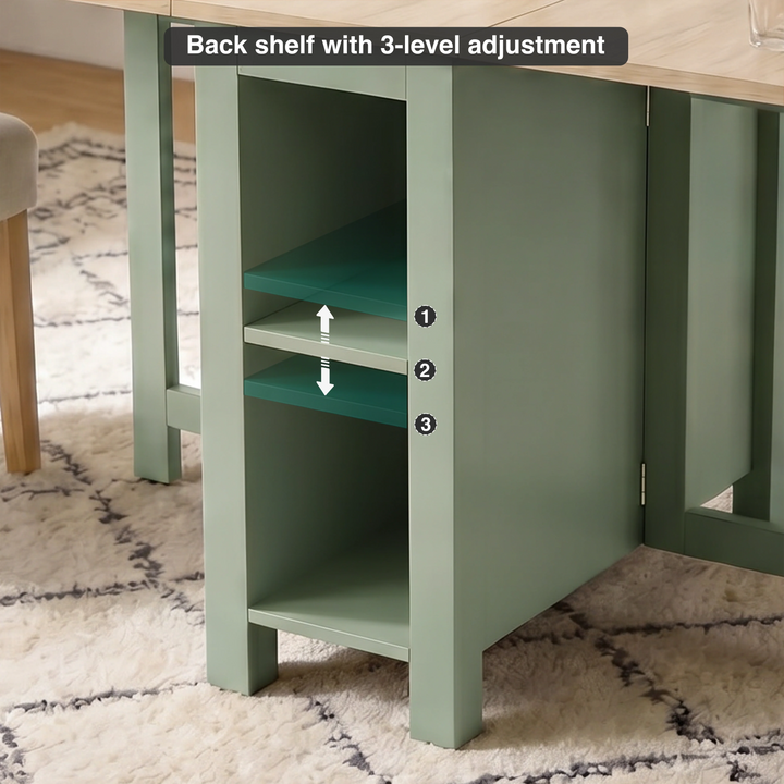 [150cm | Green] Stovra Drop Leaf Dining Table back shelf detail showing 3-level height adjustment positions