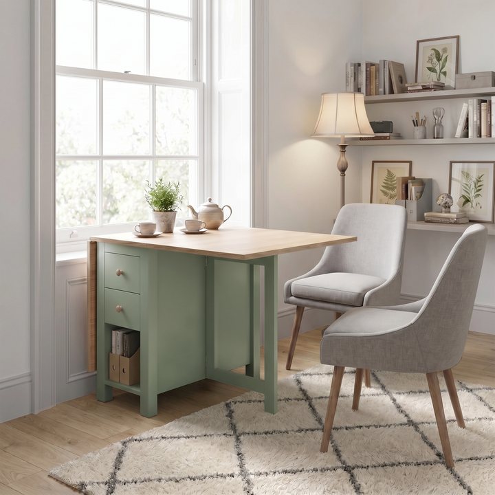 [130cm | Green] Stovra Drop Leaf Dining Table with one leaf open styled as a small dining table beside two grey chairs