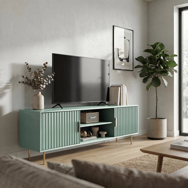 [Sage Green]  TV cabinet with open central shelving and fluted side doors for organized living room media storage.