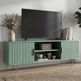 [Sage Green]  Sage green 140cm TV cabinet head-on, fluted side doors and gold legs with TV above, dried stems and books on top