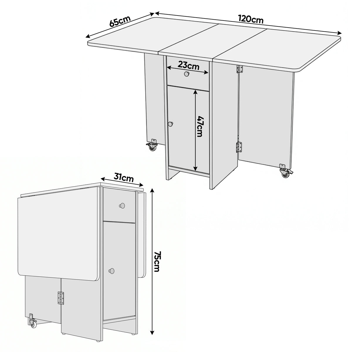 [Grey] Size guide for a 120cm rectangular dining table showing 65cm deep and 75cm high, folding to a compact 31cm width only.