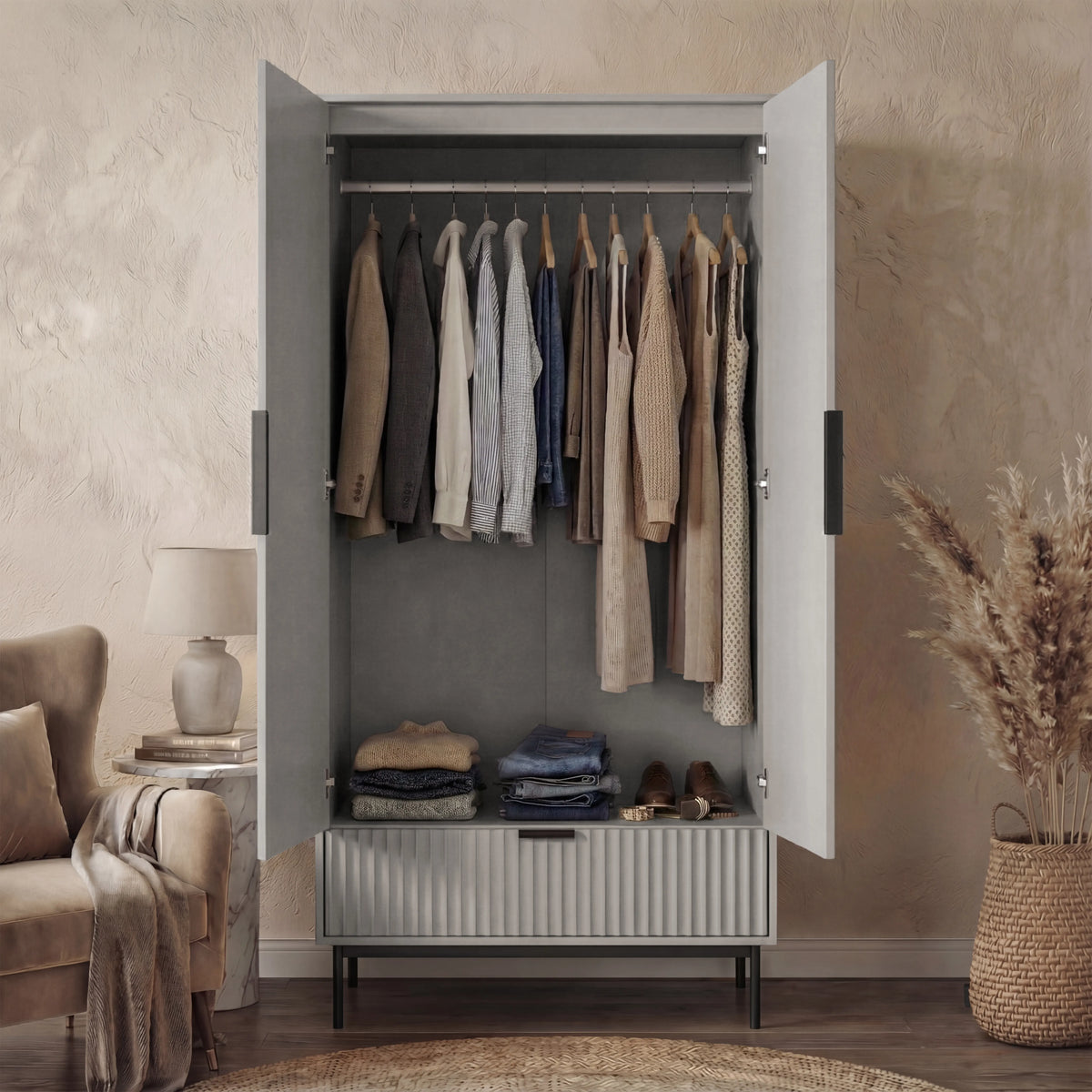 [Grey] flutrina design double wardrobe containing hanging storage space and a bottom drawer placed in a room with neutral decor
