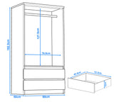 [Grey] 2 door wardrobe dimensions: 182.5cm height, 80cm width, 50cm depth, hanging rail 127.5cm, drawers 12cm