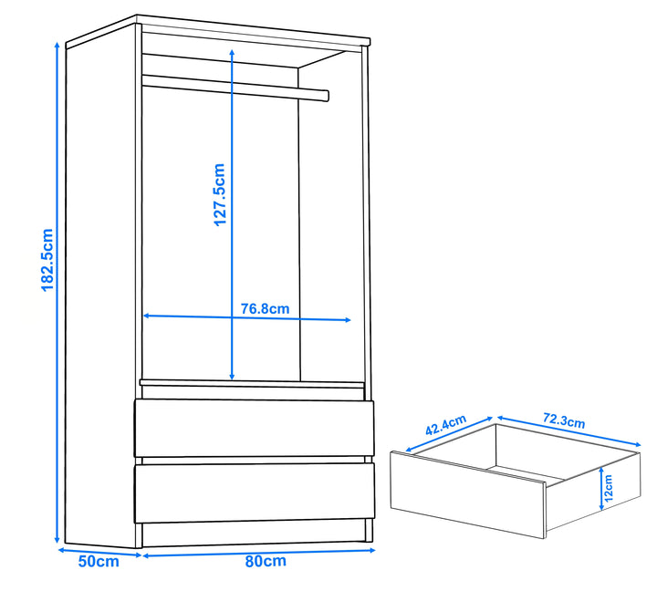 [Grey] 2 door wardrobe dimensions: 182.5cm height, 80cm width, 50cm depth, hanging rail 127.5cm, drawers 12cm