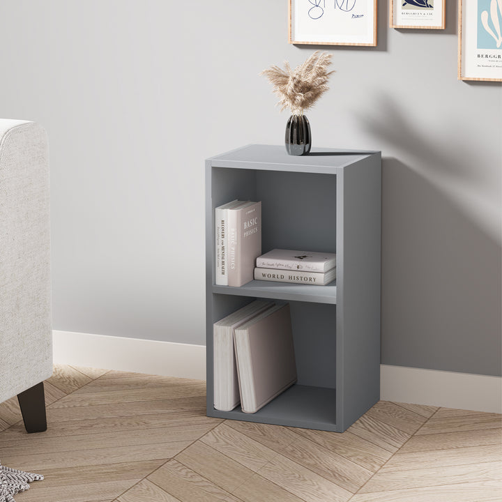 [2 Shelf | Grey] reading nook setup with grey panel under-window short bookcase over pale concrete floor