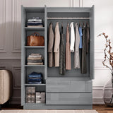 [Grey] Open 3 door wardrobe showing left shelving section with storage boxes and right hanging rail with clothes