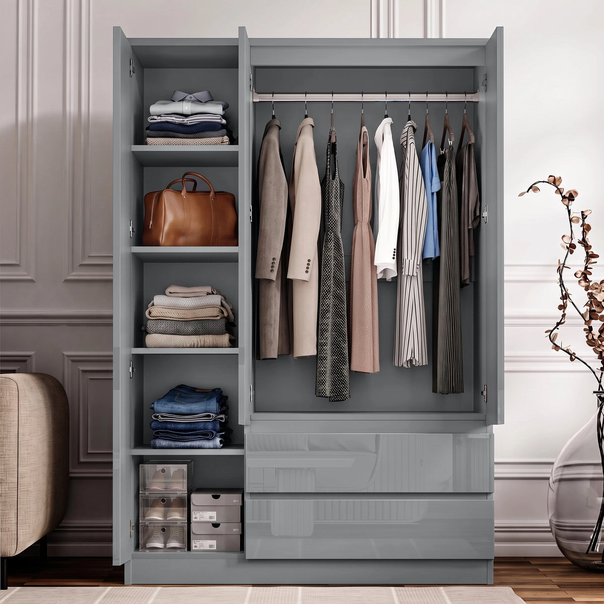[Grey] Open 3 door wardrobe showing left shelving section with storage boxes and right hanging rail with clothes