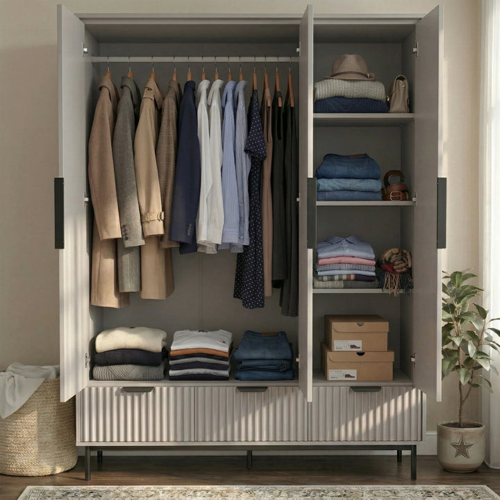 [Grey] wardrobe internal view with hanging rail, shelves, and three drawers in the lower section