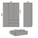 [Grey] 3 door wardrobe dimensions: 180cm height, 120cm width, 50cm depth, drawers 72cm x 43cm x 12cm deep.