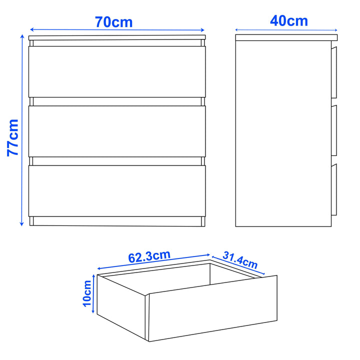 [Grey] 3 drawer chest of drawers dimensions: 70cm width 40cm depth 77cm height