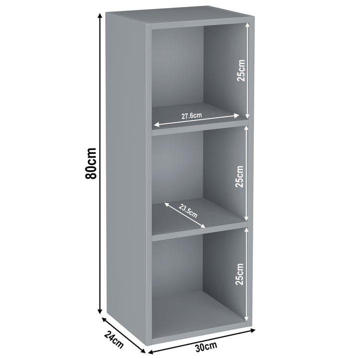 [3 Shelf | Grey] diagram of grey-grain 3-shelf bookcase, 30W x 24D x 80H cm; for soft Scandi room