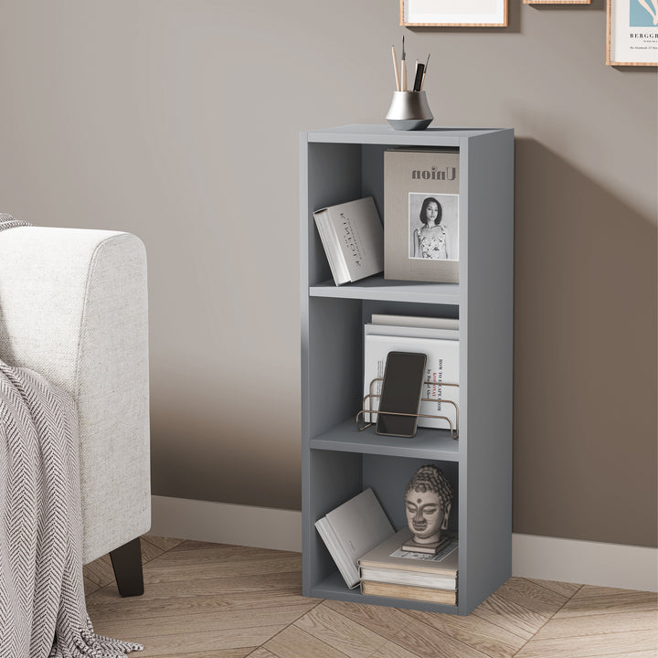 [3 Shelf | Grey] study corner setup with grey panel desk-height bookcase over pale concrete floor