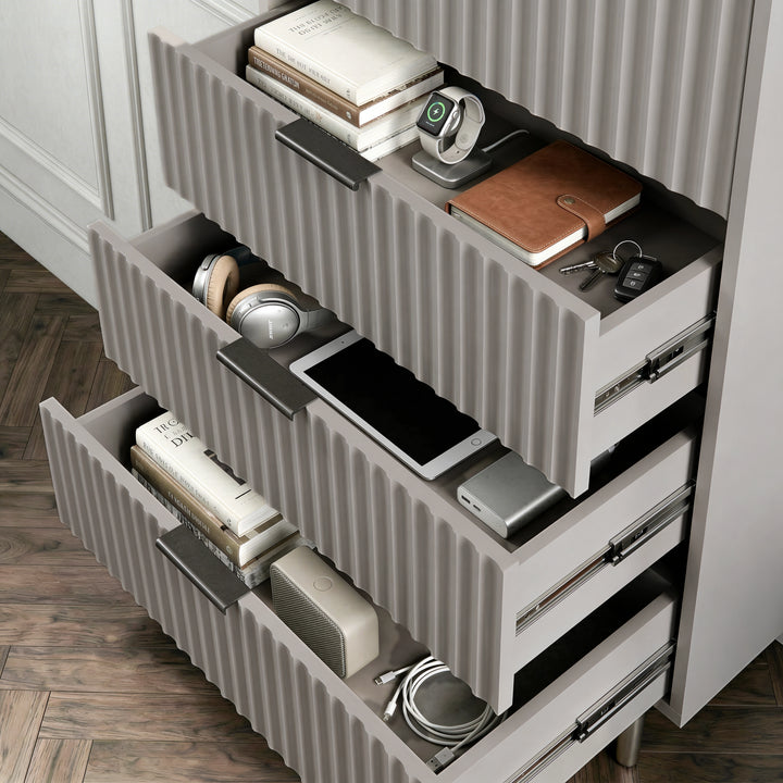 [Grey] five drawer cabinet displayed with drawers extended to show internal storage layout