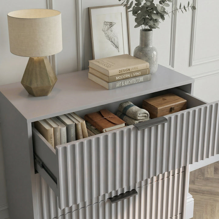 [Grey] flutrina chest top panel styled in bedroom environment highlighting smooth surface