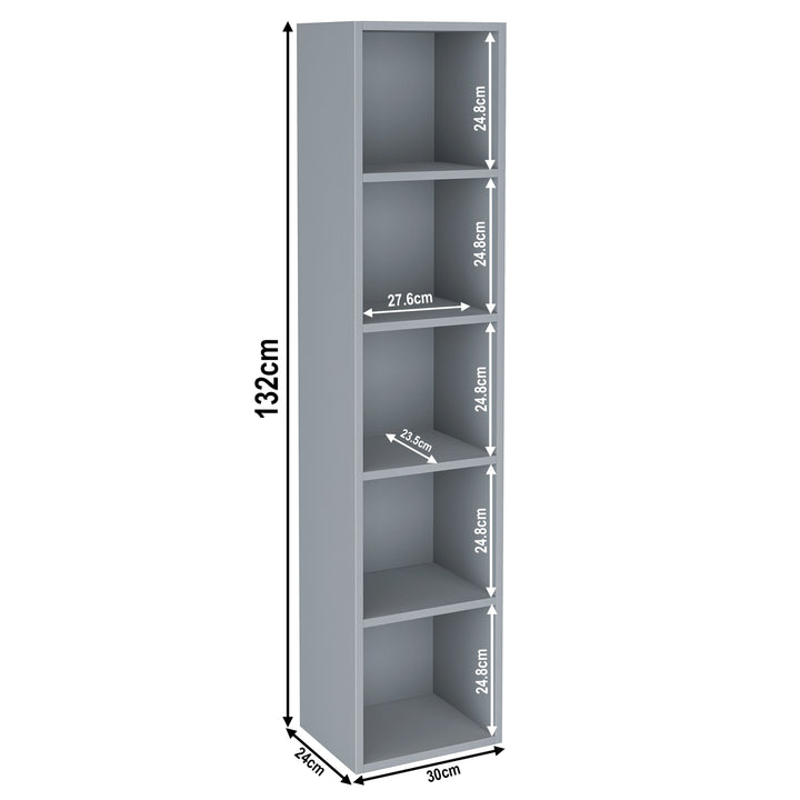 [5 Shelf | Grey] schematic of five-cubby floor-to-eye grey unit, 30 x 24 x 132 cm; pairs stoneware ceramic bowl