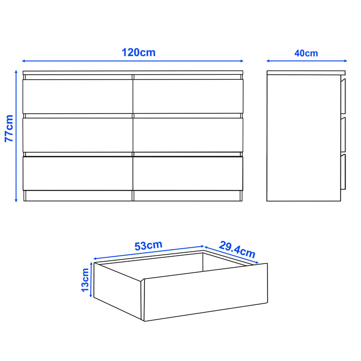 [Grey] Size guide showing chest 120cm wide 40cm deep 77cm tall with drawer depth 13cm.