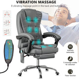 [Grey] grey office chair with 8-point massage graphic and remote detail for selecting mode, speed, and massage duration