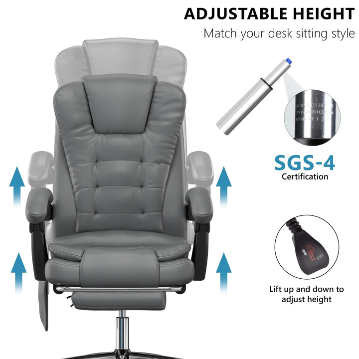 [Grey] vibrating desk chair in grey PU leather with graphics of adjustable height movement and piston detail inset