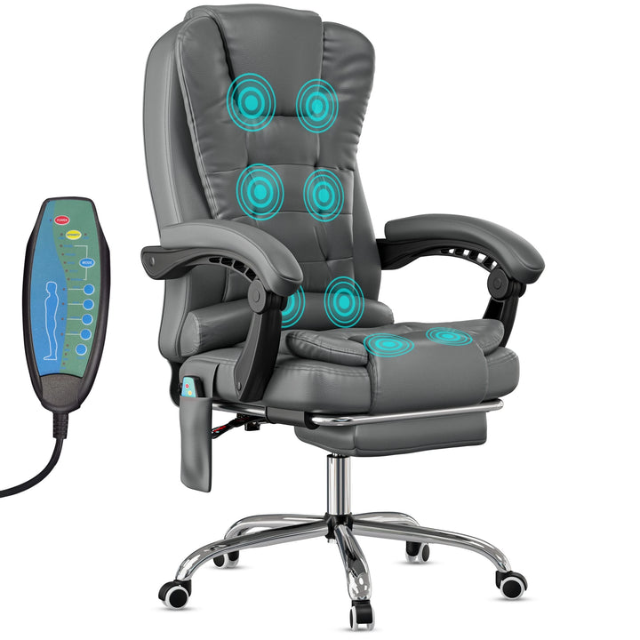 [Grey] 8 point massage office chair in grey PU leather designed for executive style & comfort, includes adjustable massage functions
