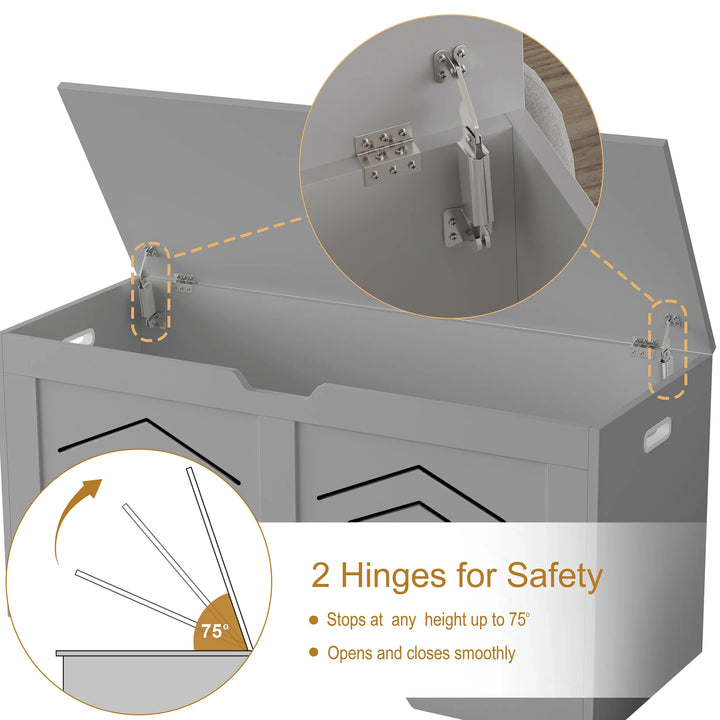 [Grey] Toy Storage Box - Kids Storage Chest Blanket Box with Safety Hinges | DHS shown in grey with two safety hinges that stop lid at 75° angle.