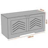 [Grey] Toy Storage Box - Kids Storage Chest Blanket Box with Safety Hinges in grey with arrow design, placed in a child's bedroom with a teddy-themed bed.
