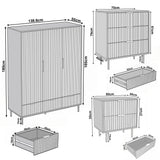 [Grey] Dimension diagram for grey wardrobe, chest of drawers, and bedside table with its width, height, and depth, including drawer