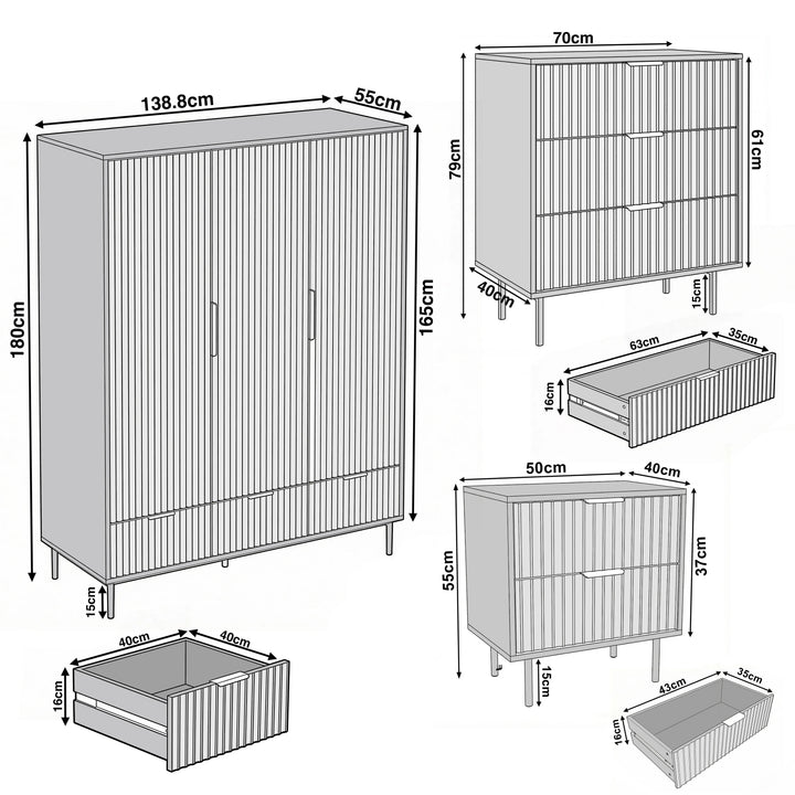 [Grey] Dimension diagram for grey wardrobe, chest of drawers, and bedside table with its width, height, and depth, including drawer