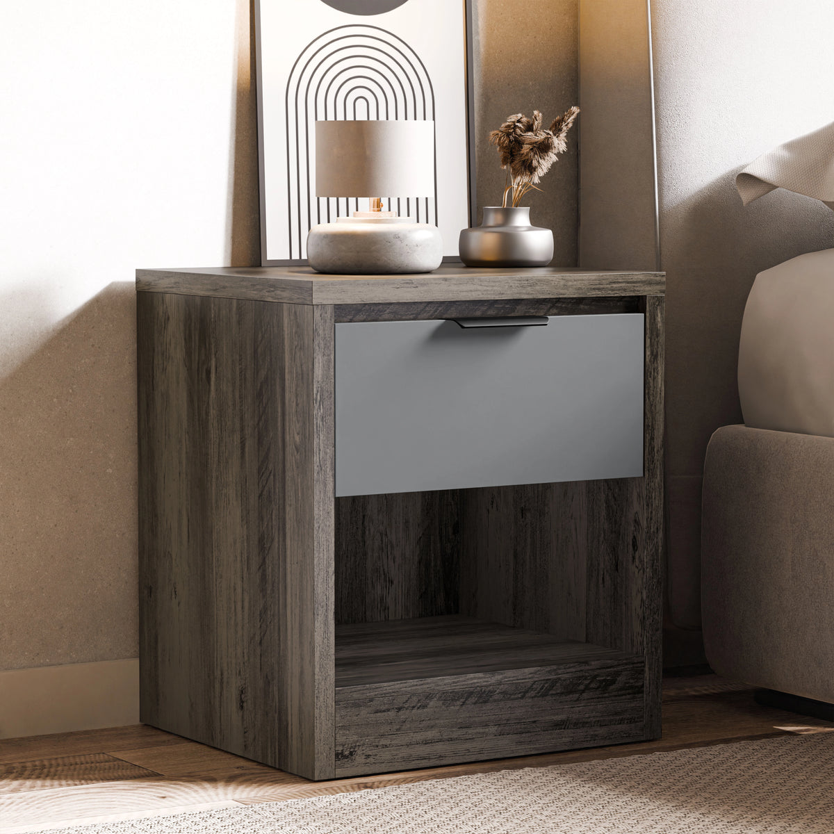 [Wooden Grey+Grey] bedside cabinet in light timber finish with grey drawer front placed against a wall in a contemporary room