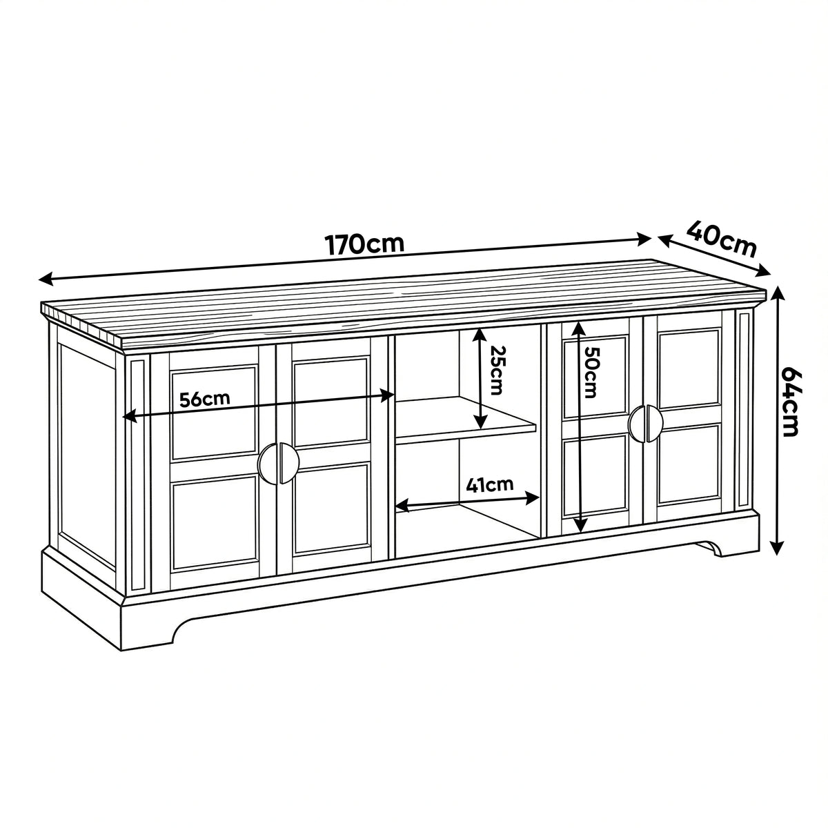 [Grey | 170cm] Bellford TV unit size guide showing W170 x D40 x H64cm with 25cm open shelf and 50cm door height