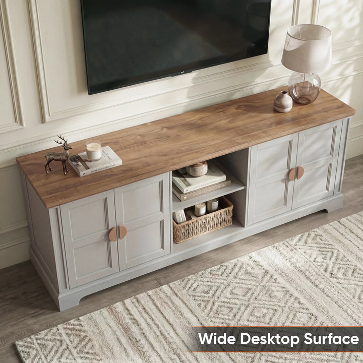 [Grey | 170cm] Bellford TV unit viewed from above with oak effect top, a deer ornament, and a glass table lamp