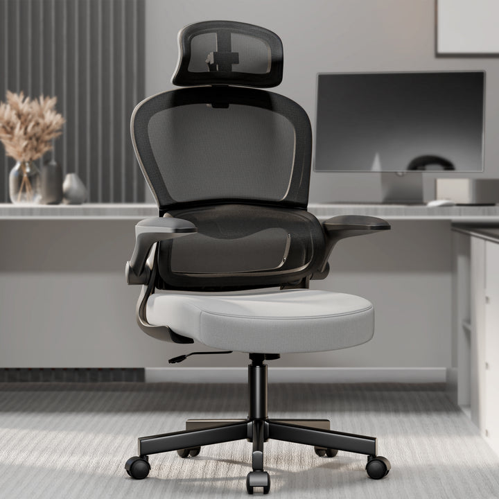 [Grey + Black] Front view of a grey and black office chair with back support, perfect for long hours.