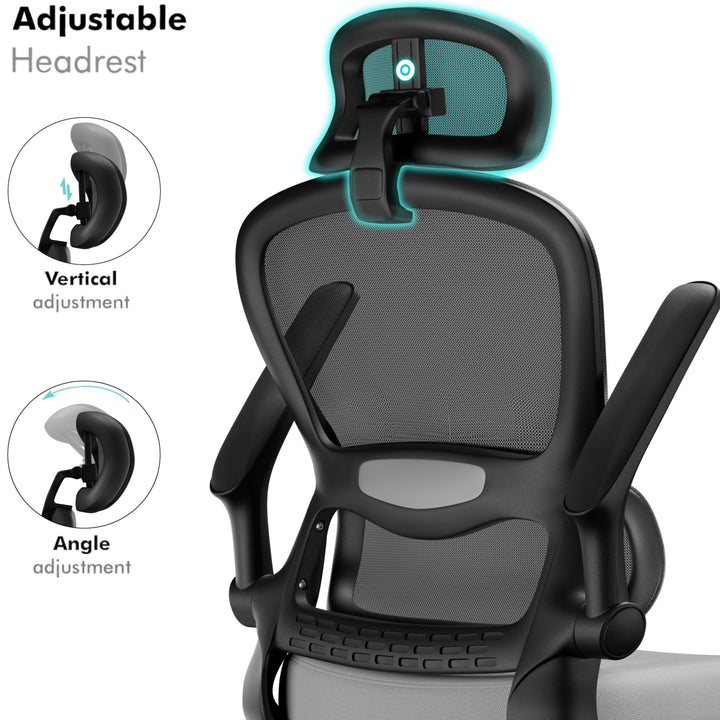 [Grey + Black] Black office chair with adjustable headrest on a white background