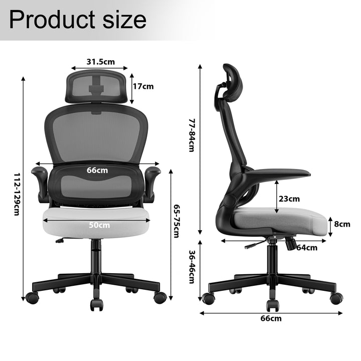 [Grey + Black] high back office chair dimensions: 50cm seat width, 64cm depth, and adjustable height 112-129cm.