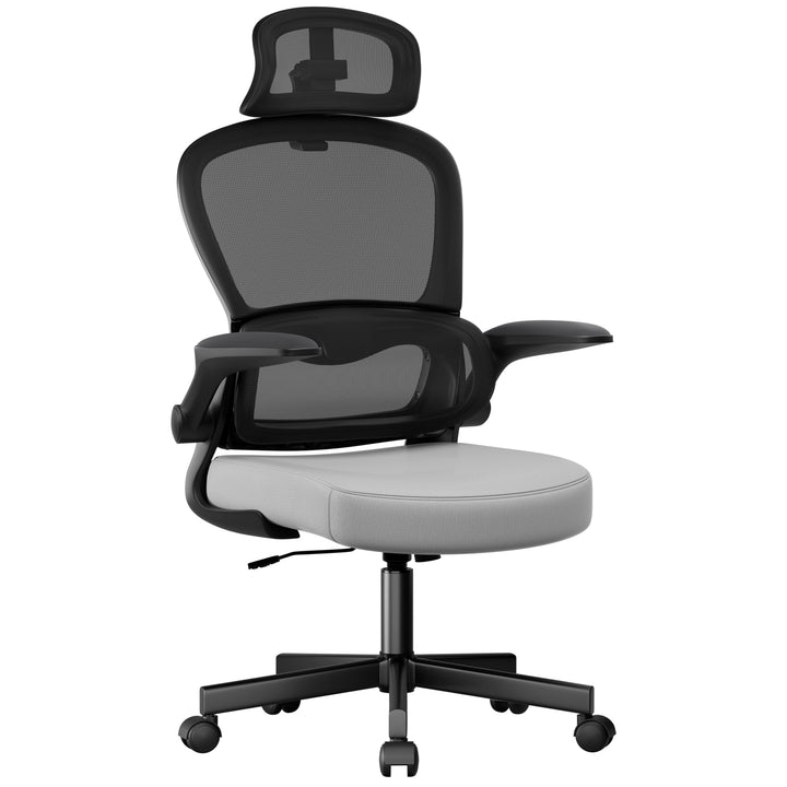 [Grey + Black] Ergonomic home office chair with black mesh back, black frame, and grey seat cushion. Features adjustable headrest and flip-up armrests.
