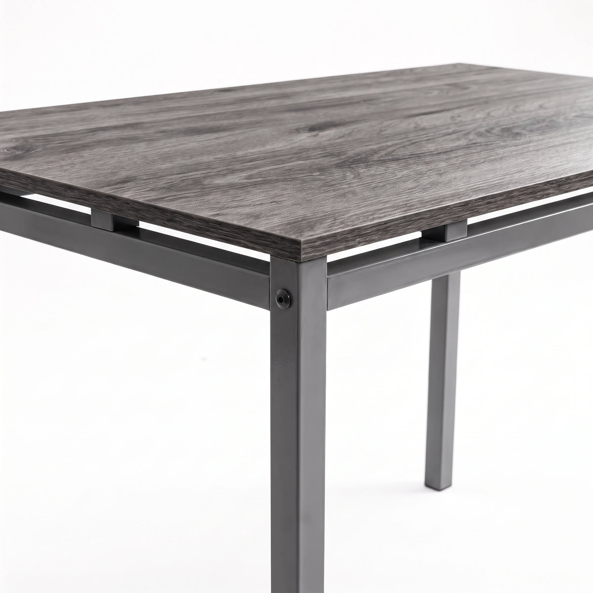 [Grey] Close-up of grey wood-effect breakfast tabletop, spray-painted metal frame, raised supports, square legs & corner bolt