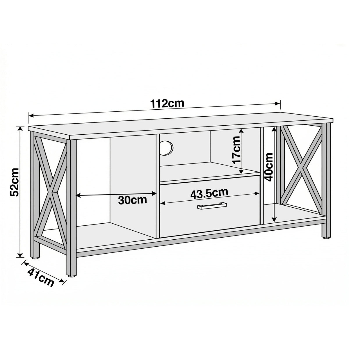[Grey] Calvera grey TV unit dimensions diagram: 112cm wide, 41cm deep, 52cm tall with X-frame metal side supports