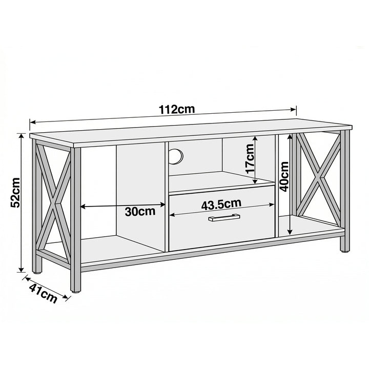 [Grey] Calvera grey TV unit dimensions diagram: 112cm wide, 41cm deep, 52cm tall with X-frame metal side supports