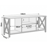 [Grey Oak] Calvera TV unit dimensions diagram, 140cm wide by 41cm deep by 53cm tall with X-frame side panels labelled
