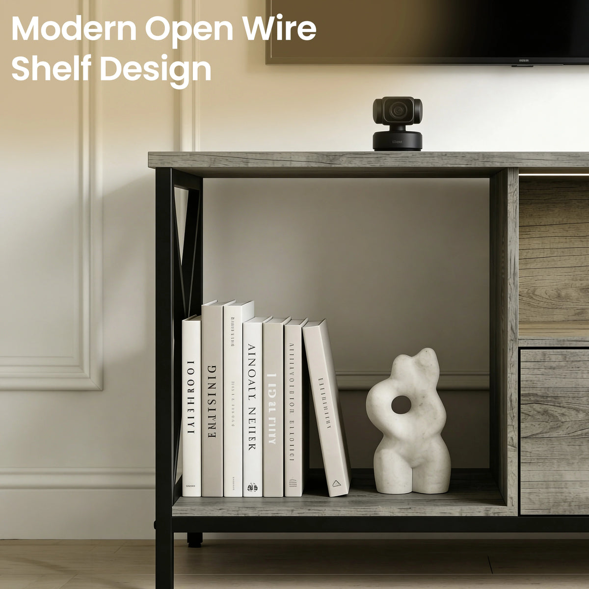 [Grey Oak] Calvera TV unit close-up of left open wire shelf, row of paperback books with a white squiggle ornament