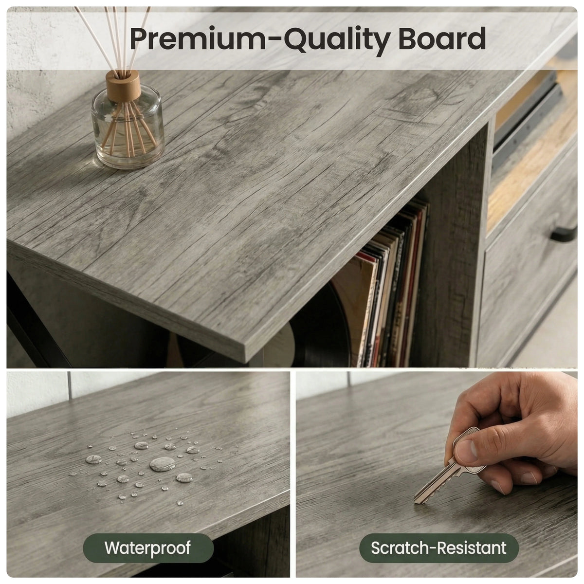 [Grey] Calvera grey TV unit top close-up with reed diffuser, plus water-bead and key-scratch resistance insets