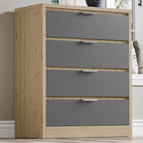 [Oak+Grey] oak and white 4 drawer chest of drawers on light wood floor, framed prints on the wall behind
