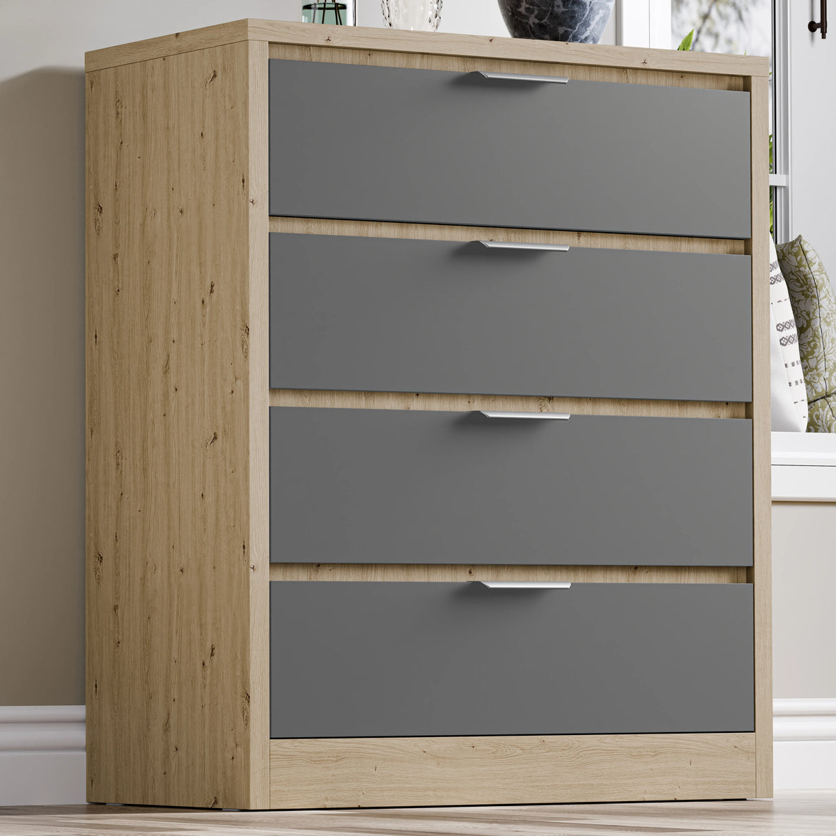 [Oak+Grey] oak and white 4 drawer chest of drawers on light wood floor, framed prints on the wall behind