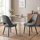 [Grey | Set of 2] Pair of curved-back comfortable dining chairs at a glass table with chrome hairpin legs and black chair legs.