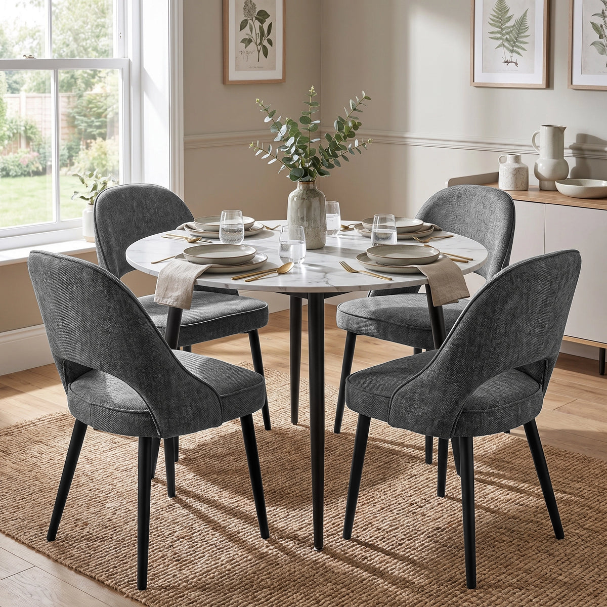 [Grey | Set of 2] Two pairs of the comfy dining chairs around a round marble-effect table styled with tableware & eucalyptus.