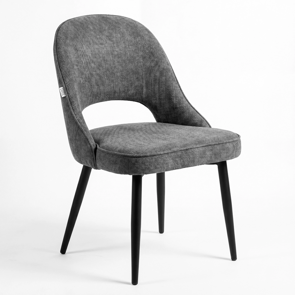 [Grey | Set of 4] Angled view of fabric dining room chair with rounded open back, piped seat and four black legs.