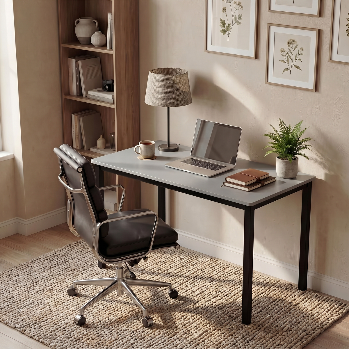 [120 X 50 cm] Computer Desk in a sunlit study corner with leather chair, laptop, table lamp, fern plant, books, and framed botanical artwork