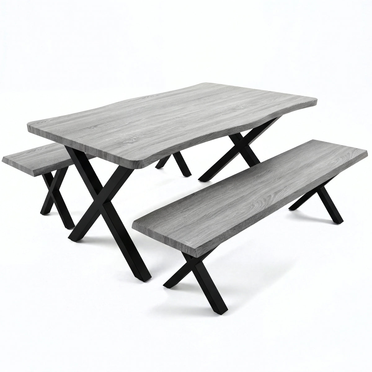 [Wooden Grey] Crosswick Industrial 6 Seater Dining Table with Benches three-quarter product shot on white background showing live-edge top and black X-frame legs
